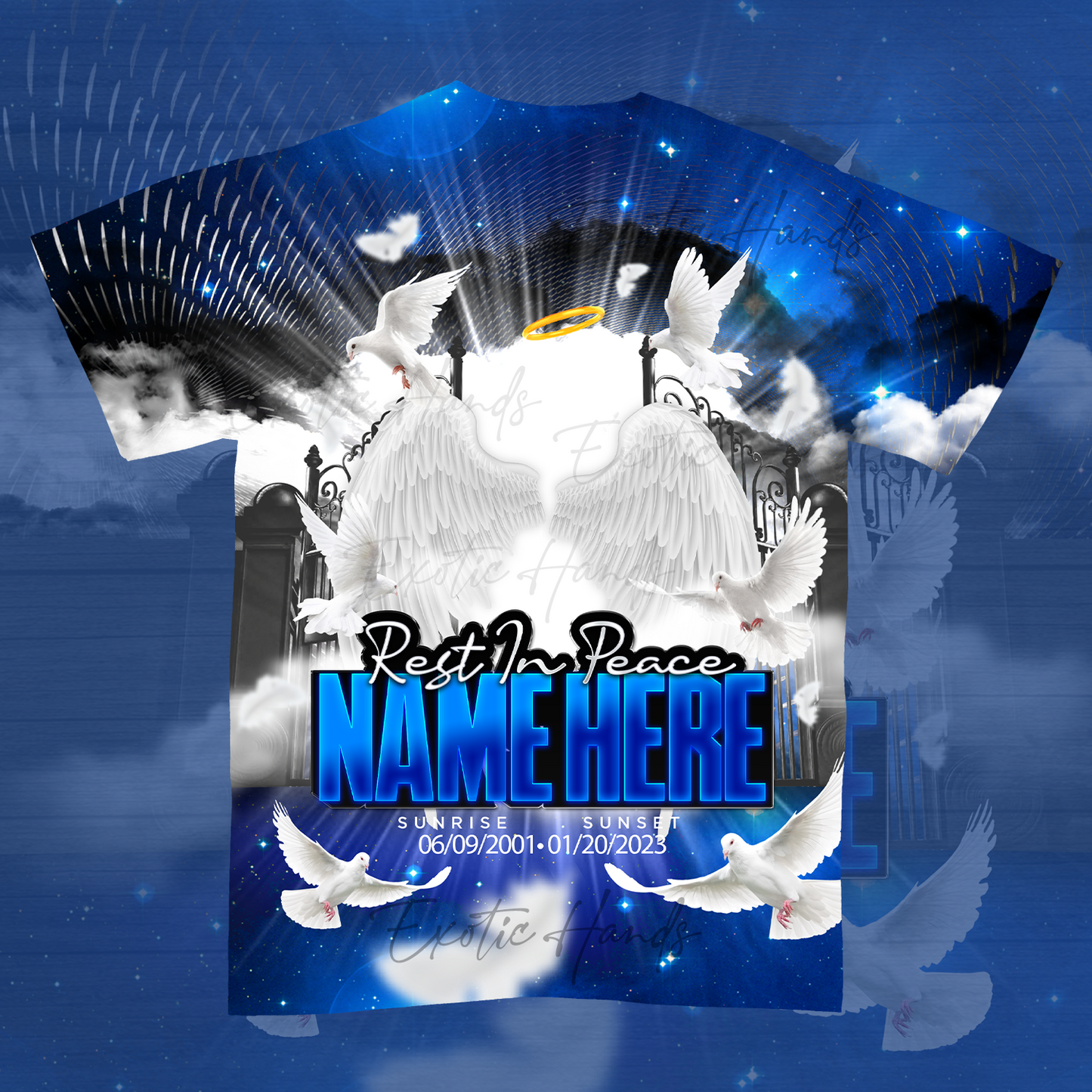 All Over Memorial Theme "Dark Blue, Doves"