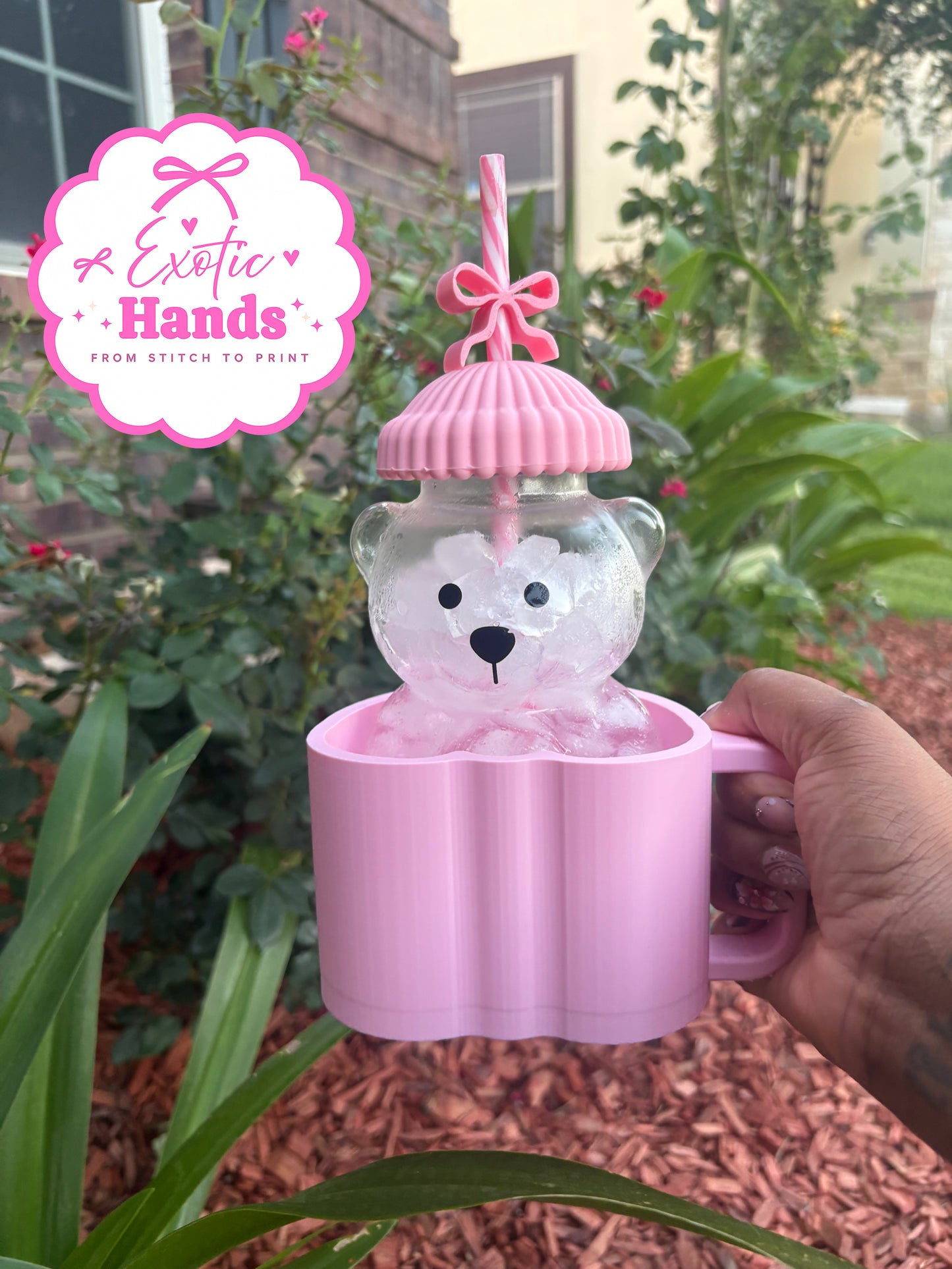 Bearista Glass Mug Holder | 3D Printed Pink Cup Sleeve with Handle | Cute Bearista Glass Accessory | Kawaii Desk Cup Holder